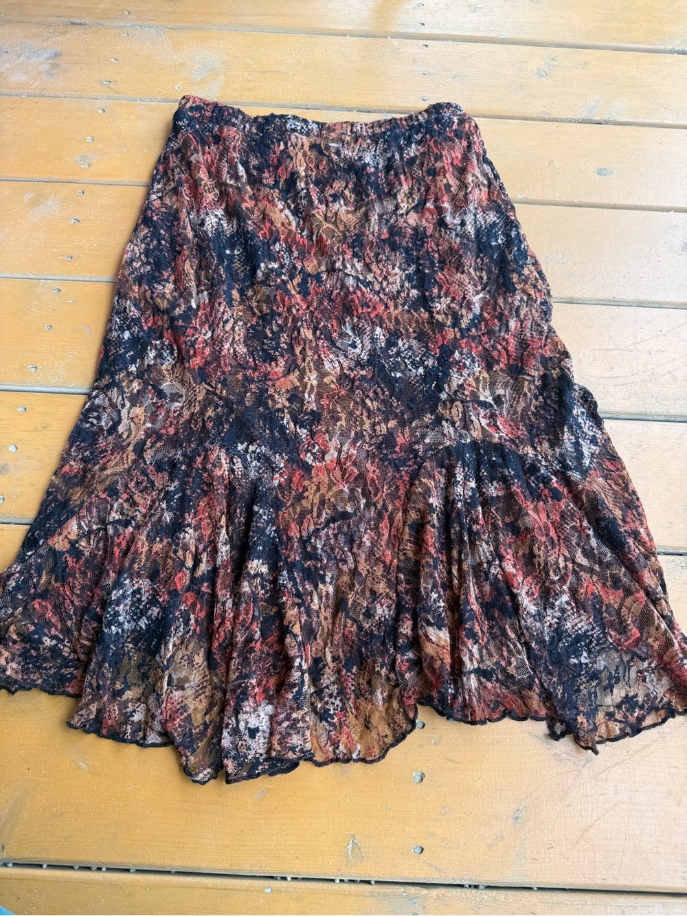 Christopher & Banks Rust Black Lace Overlay Lined Floral Ruffled Midi Skirt